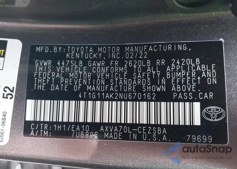 2022 Toyota Camry Se from USA, damaged, VIN 4T1G11AK2NU670162